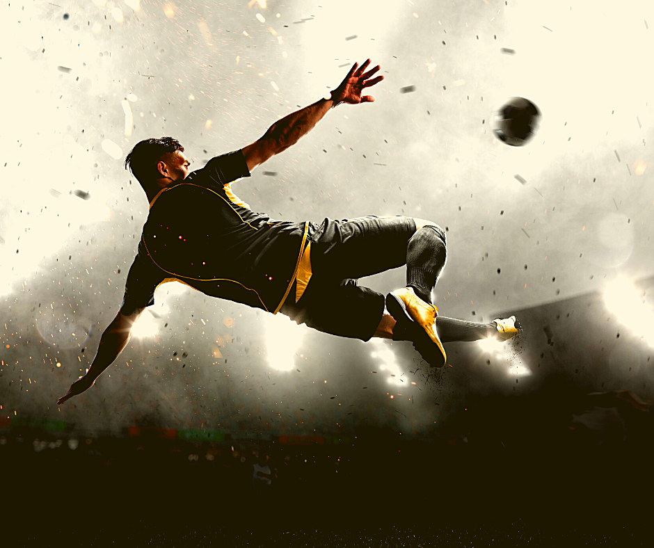 Football player performing scissor kick